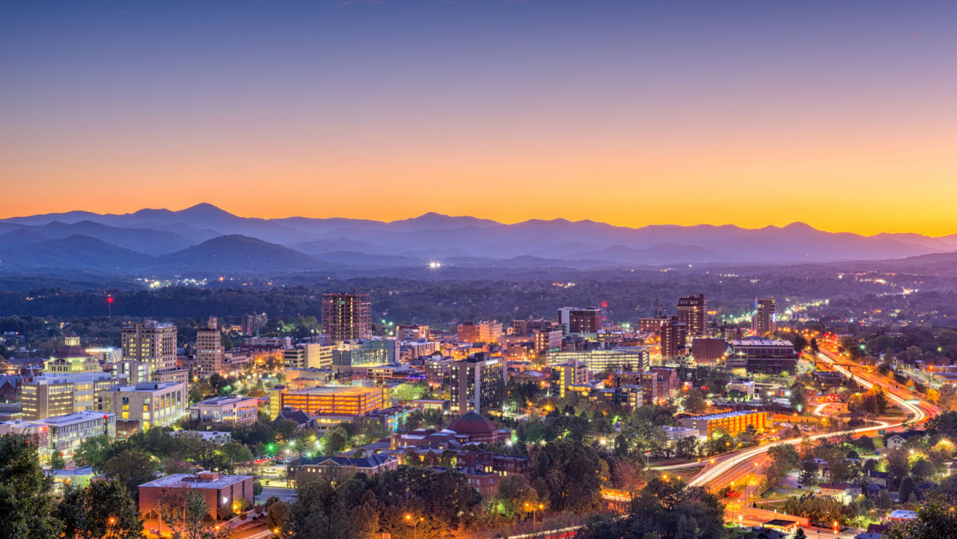 View of Asheville, NC during dusk light up by downtown